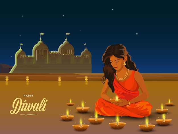 Hermosa mujer india sentada con una lámpara de aceite Diyali encendida en el techo contra el templo para la celebración de Diwali de la luz del festival