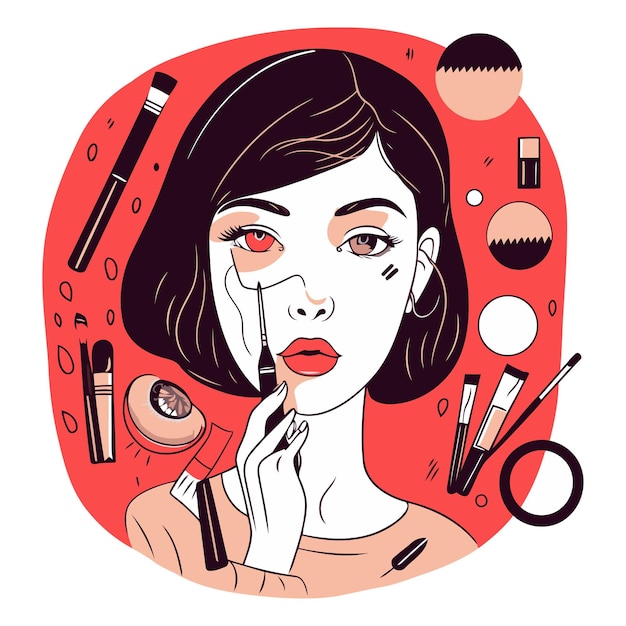 Vector una hermosa mujer joven aplicando maquillaje en su cara