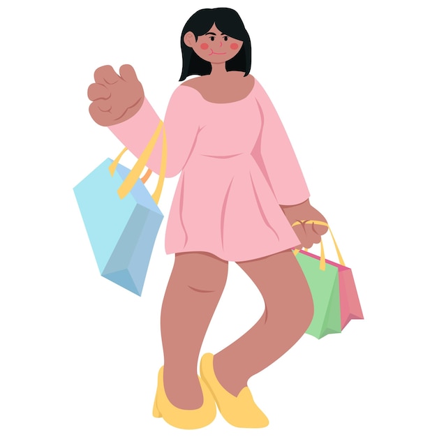 Vector hermosa mujer joven con bolsas de compras en sus manos durante la venta o descuento