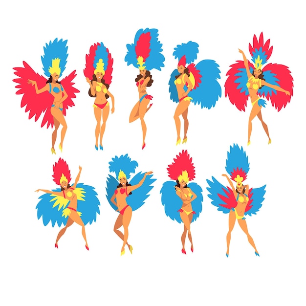 Vector hermosa mujer joven en coloridos trajes de festival, set de baile, bailarines de samba brasileños, carnaval de río de janeiro ilustración vectorial sobre fondo blanco