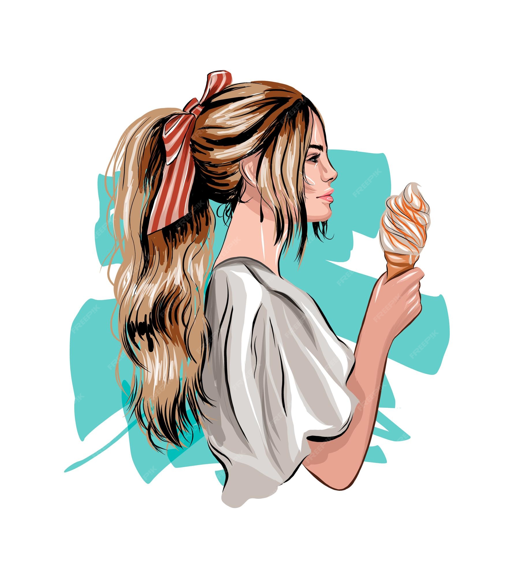 Hermosa mujer joven con dibujo de color helado realista ilustración  vectorial de pinturas | Vector Premium