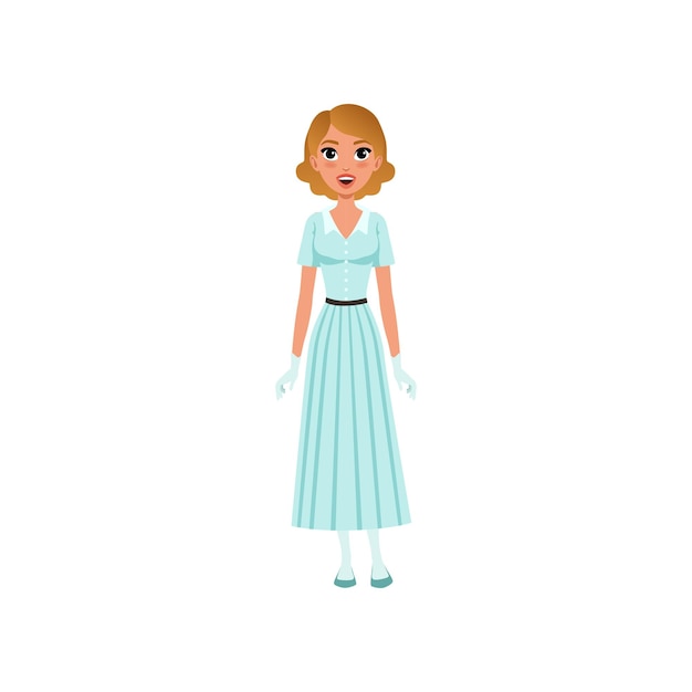 Hermosa mujer joven en elegante vestido retro azul claro y guantes blancos vector ilustración aislada sobre fondo blanco.