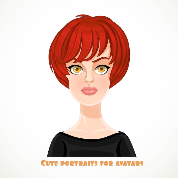 Vector hermosa mujer joven con exuberante pelo corto de pelo rojo oscuro retrato para avatar aislado sobre un fondo blanco.