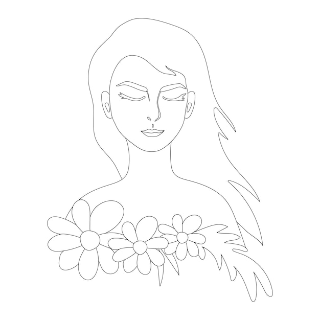 Hermosa mujer joven con flores al estilo del arte lineal