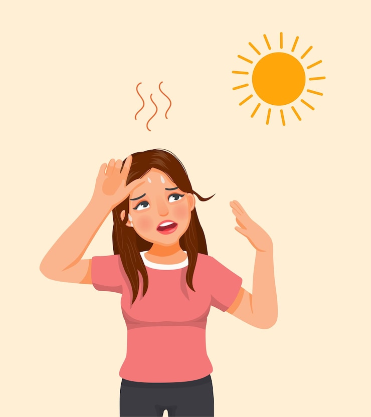 Vector hermosa mujer joven que sufre de una ola de calor alimentada por una temperatura muy caliente