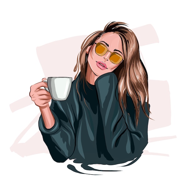 Vector hermosa mujer joven con taza de café de plástico en la mano dibujo coloreado de chica elegante realista