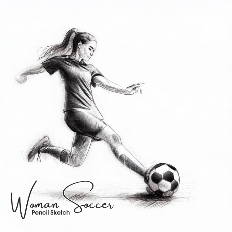 Hermosa mujer jugando fútbol dibujo a lápiz