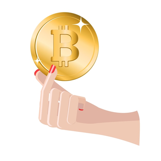 Hermosa mujer mano sosteniendo una moneda Bitcoin aislada sobre fondo blanco Ilustración vectorial