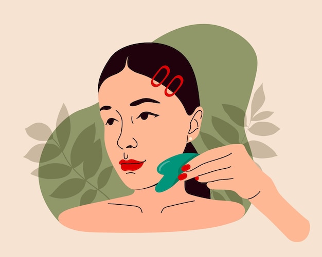 Vector hermosa mujer masajeando la cara con raspador de jade gua sha. rutina de belleza para chicas para el cuidado de la piel.