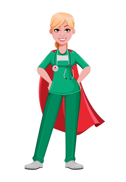 Hermosa mujer médico con capa de superhéroe