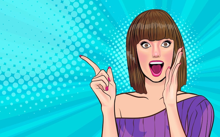 Vector hermosa mujer mirar algo sorprendido pop art comic style
