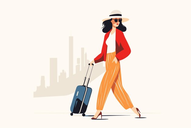 Vector hermosa mujer de moda con bolsas de carretilla diseño plano ilustración vectorial