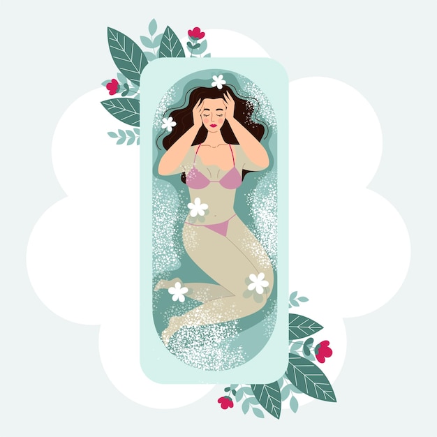 Hermosa mujer morena en baño con sal y flores Relajación spa cuidado corporal Ilustración vectorial en estilo plano de dibujos animados