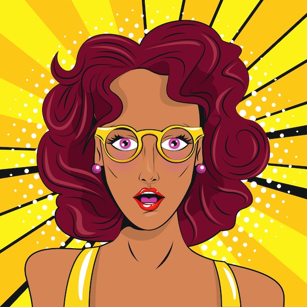 Vector hermosa mujer morena con cartel de estilo pop art de anteojos.