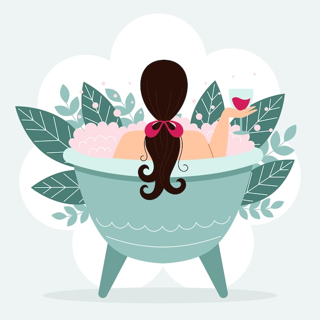 Hermosa mujer morena con una copa de vino tinto en el baño Relajación spa cuidado corporal Ilustración vectorial en estilo plano de dibujos animados