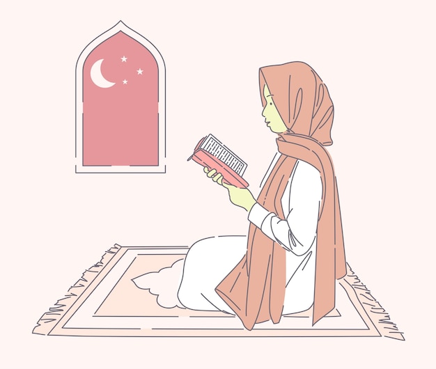Vector hermosa mujer musulmana leyendo santo en estera de oración vector dibujado a mano ilustración niña feliz con hijab orando en la noche