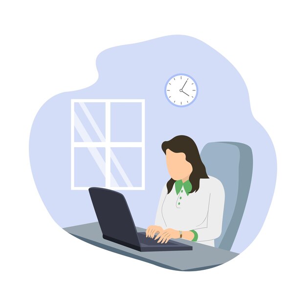 Hermosa mujer de negocios usando una computadora portátil mientras está sentada en su escritorio Interior del lugar de trabajo de oficina Ilustración de vector plano
