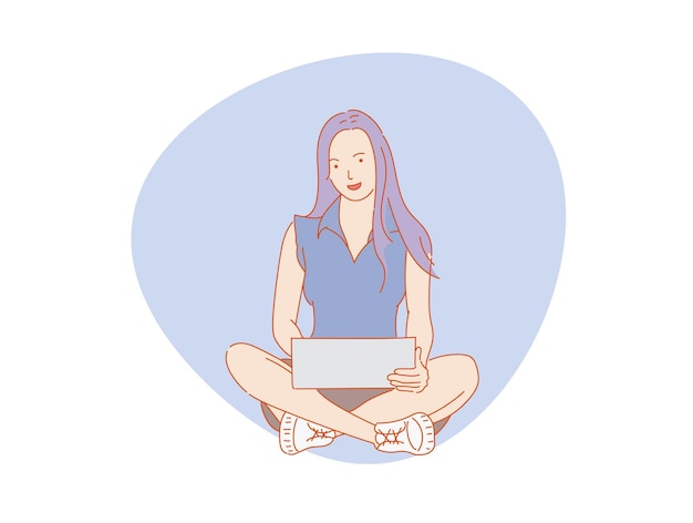 Hermosa mujer o linda niña sentada frente a la computadora portátil, vector colorido