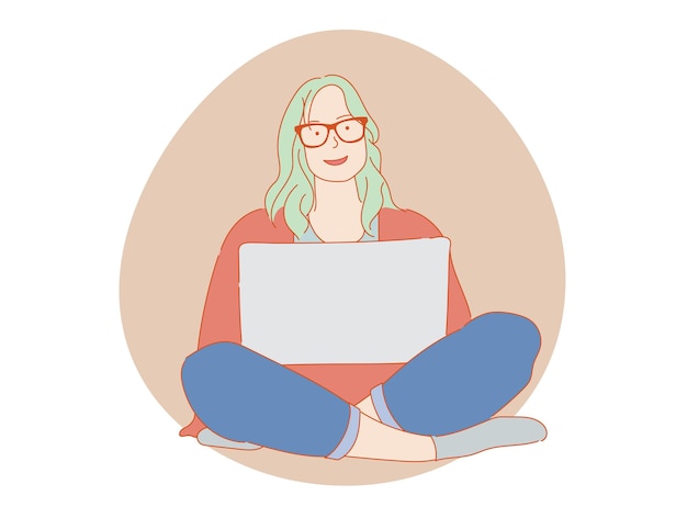 Hermosa mujer o linda niña sentada frente a la computadora portátil, vector colorido