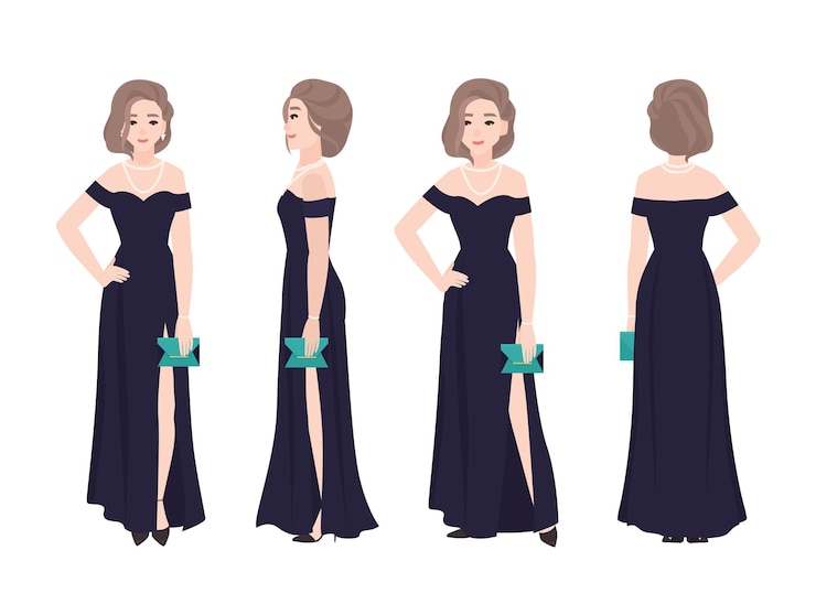 Vector hermosa mujer con peinado elegante con vestido de noche largo fuera del hombro.