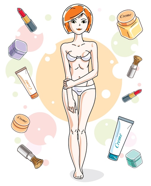 Hermosa mujer pelirroja adulta con sujetador blanco y bragas y de pie en el fondo con accesorios cosméticos. Ilustración femenina atractiva vectorial. Dibujos animados de tema de estilo de vida de glamour.