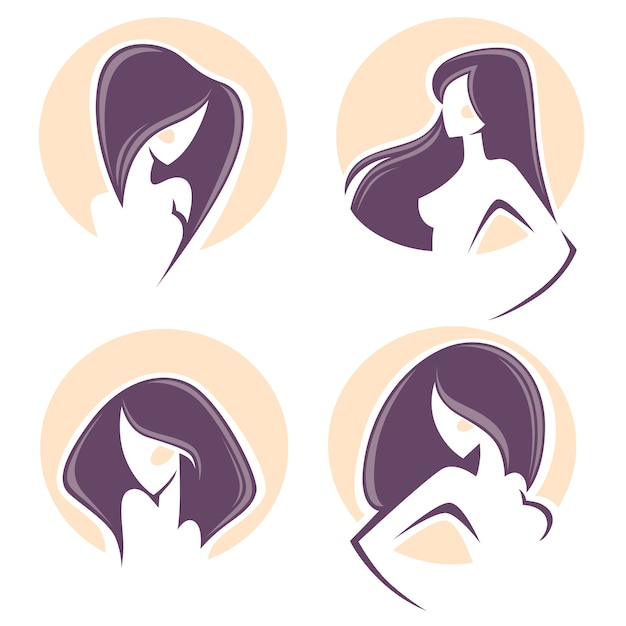 Hermosa mujer con pelo largo, vector emblemas y logo.