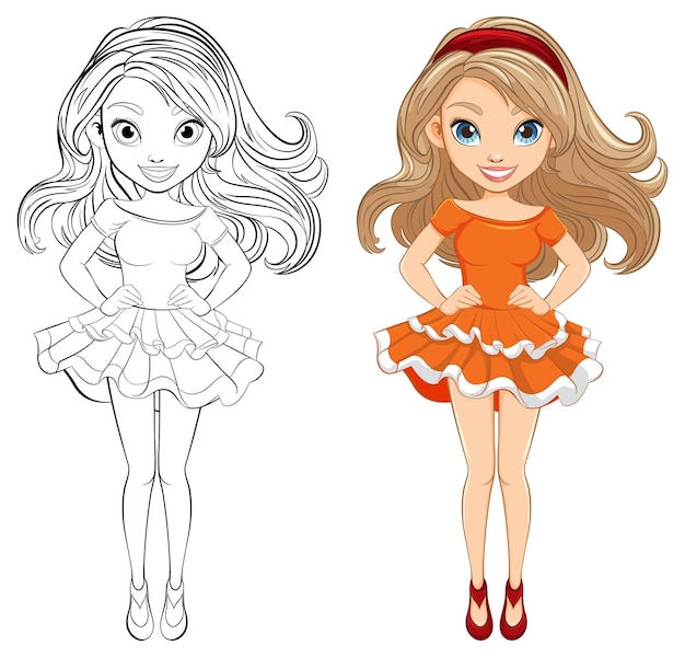 Hermosa mujer personaje de dibujos animados en vestido de mini falda