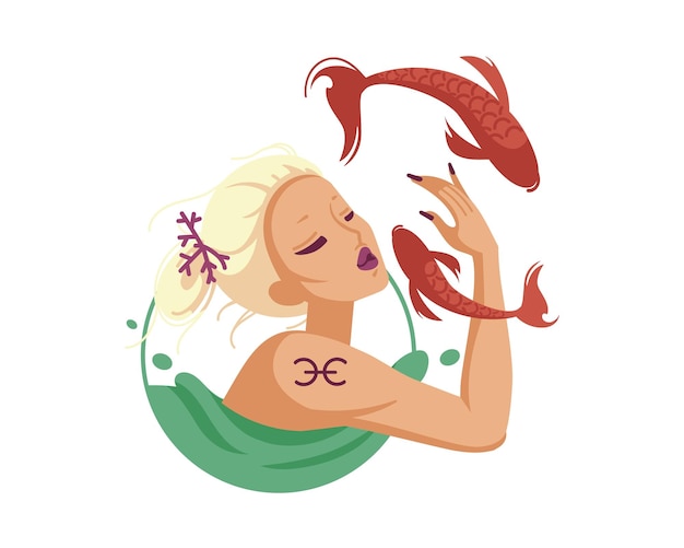Vector hermosa mujer con pez rojo ilustración vectorial en estilo de dibujos animados