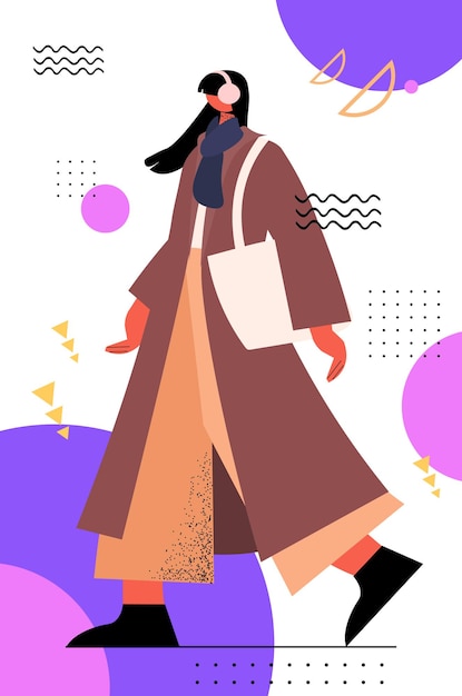 Hermosa mujer de pie en ropa de invierno cálido personaje de dibujos animados femenino vertical de longitud completa