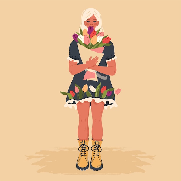 Vector hermosa mujer en pleno crecimiento con vestido de flores. personaje de niña sosteniendo ramo de tulipanes en flor. amor, concepto de belleza. ilustración plana vectorial para regalo, tarjeta de felicitación, día de la mujer, día de san valentín