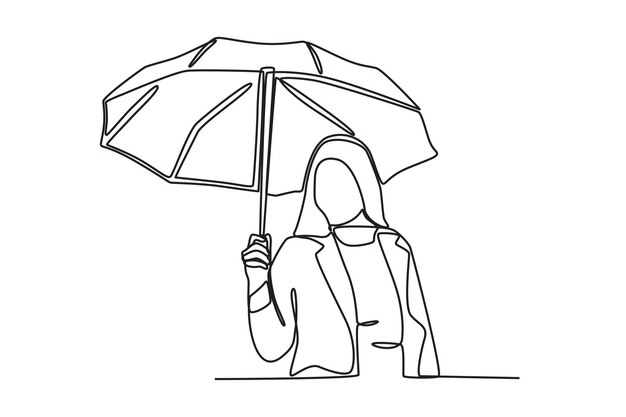 Una hermosa mujer que lleva un paraguas cuando llueve dibujo en línea de paraguas
