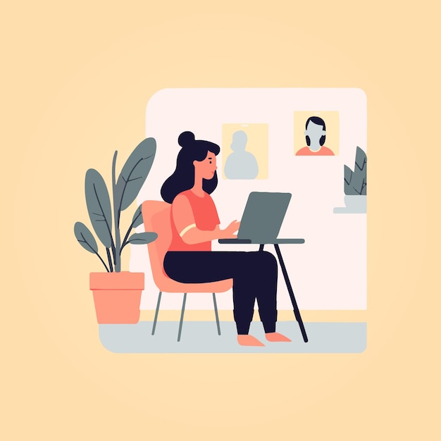 hermosa mujer que trabaja en la computadora portátil en la ilustración de vector de oficina