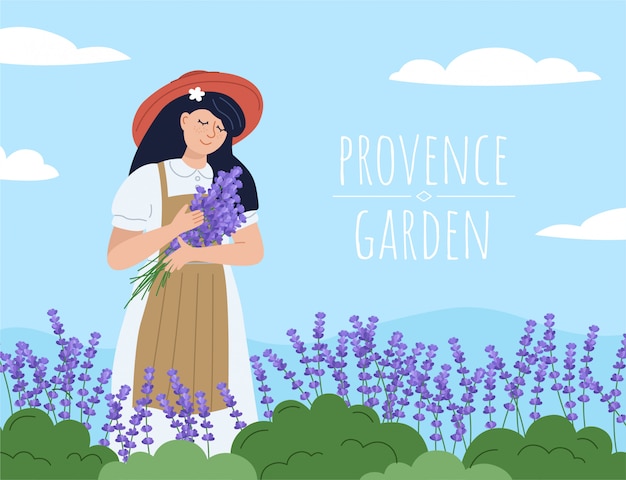 Vector hermosa mujer con ramo de lavanda. fondo floral con florista chica. jardín de la provenza