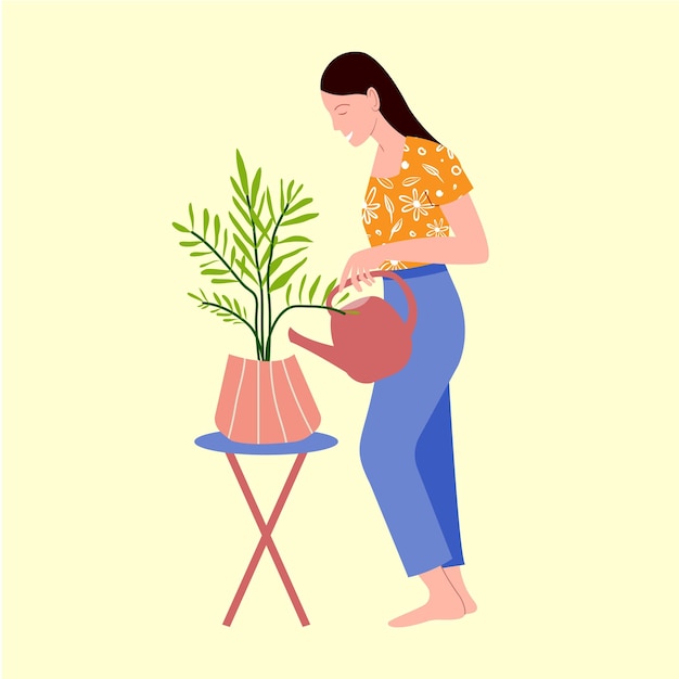 Hermosa mujer regando la planta de interior cuidando el hobby de las plantas caseras