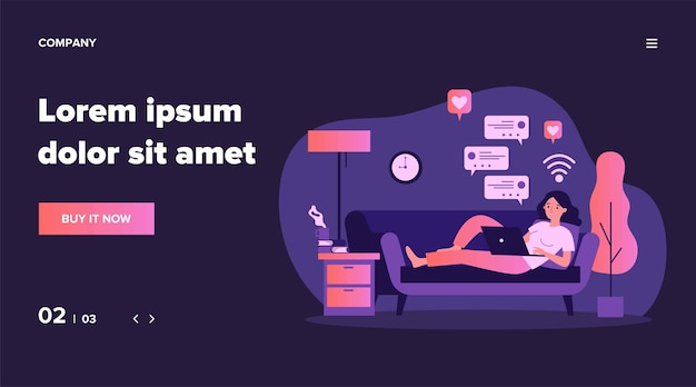 Hermosa mujer relajante en el sofá con la ilustración de la computadora portátil. Niña quedarse en casa y charlar con amigos a través de un dispositivo digital. Concepto de entretenimiento y tecnología digital.