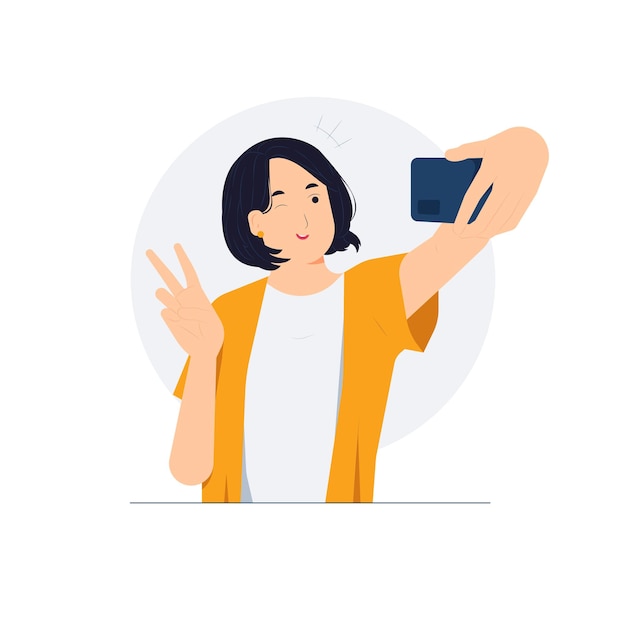 Hermosa mujer riendo y mostrando un gesto de signo de paz mientras toma una foto selfie en una ilustración del concepto de teléfono inteligente móvil