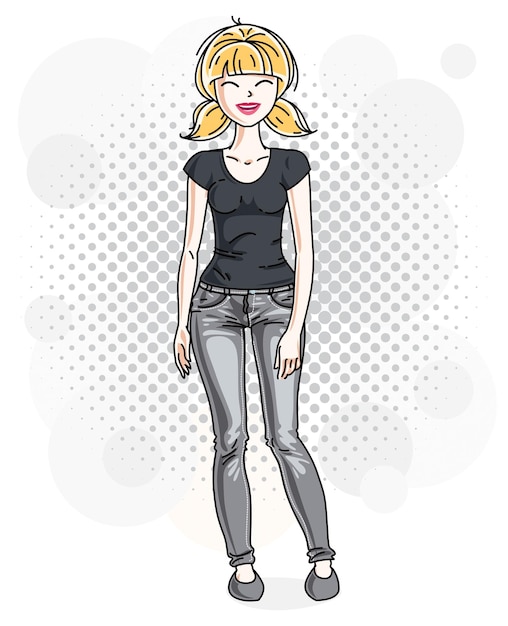 Hermosa mujer rubia adulta de pie sobre un fondo decorativo con burbujas y vistiendo ropa informal. Ilustración femenina atractiva vectorial. Dibujos animados de tema de estilo de vida.