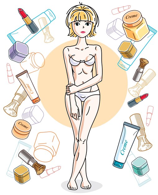 Hermosa mujer rubia adulta con sujetador blanco y bragas y de pie en el fondo con accesorios cosméticos. Ilustración femenina atractiva vectorial. Dibujos animados de tema de estilo de vida de glamour.