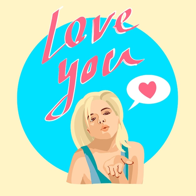 Hermosa mujer rubia haciendo beso de aire para el día de San Valentín ilustración vectorial aislada Retratos de personajes en colores brillantes