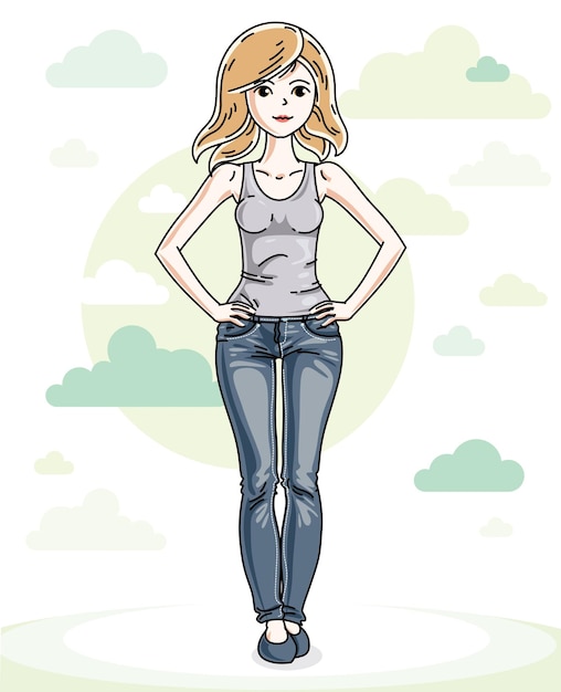 Hermosa mujer rubia joven de pie en el fondo con nubes de cielo azul y vistiendo ropa casual de moda. Ilustración humana vectorial.