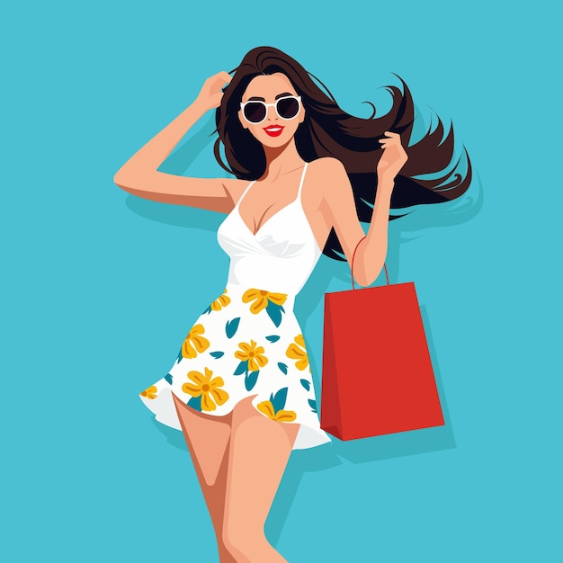 hermosa mujer sexy en un elegante vestido de verano y gafas de sol con un paquete