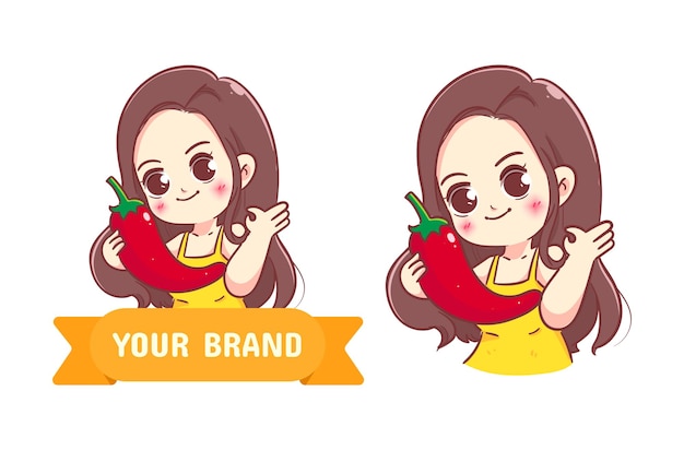 Hermosa mujer sosteniendo chili restaurante comida logo dibujado a mano ilustración de dibujos animados