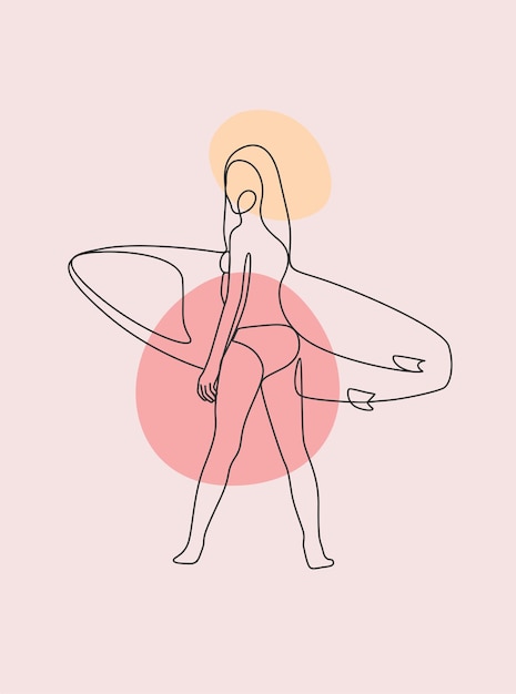 Hermosa mujer surfeando verano en estilo de arte de línea femenina