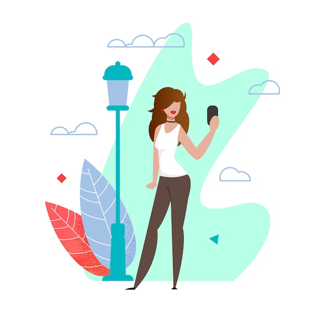 Hermosa mujer tomando selfie en urban city park cartoon