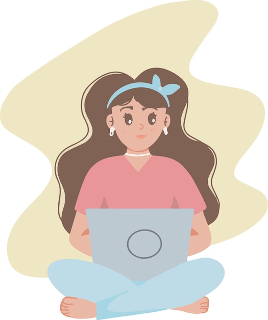 Hermosa mujer trabajando en una computadora portátil sentada en la ilustración del piso