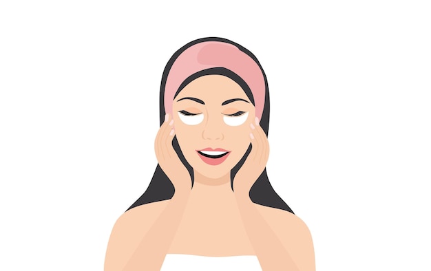 Hermosa mujer usa parches cosméticos para los ojos ilustración vectorial Cuidado de la piel cosmética y belleza
