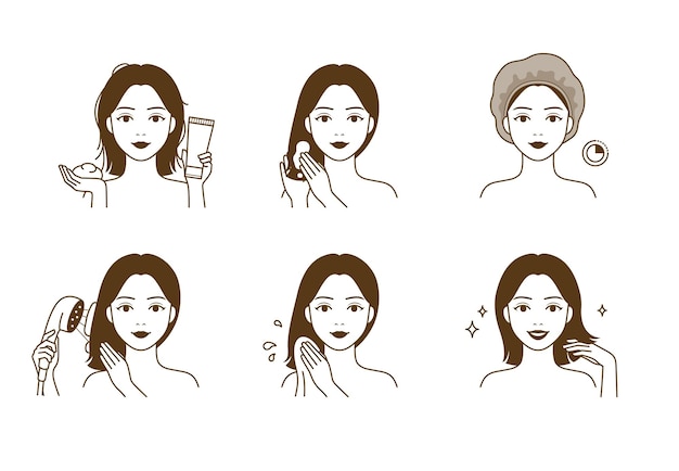 Hermosa mujer usando un paquete de tratamiento para el cabello para un cabello brillante y bueno