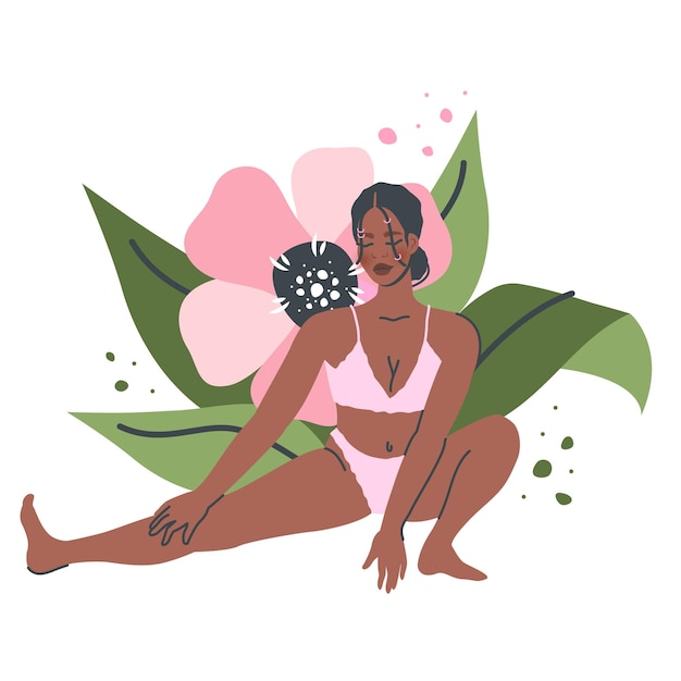 Vector hermosa mujer de yoga aislada en el fondo de la naturaleza joven negra en pose de yoga se extiende meditación y práctica de respiración ilustración de dibujos animados planos vectoriales para el deporte de estilo de vida saludable