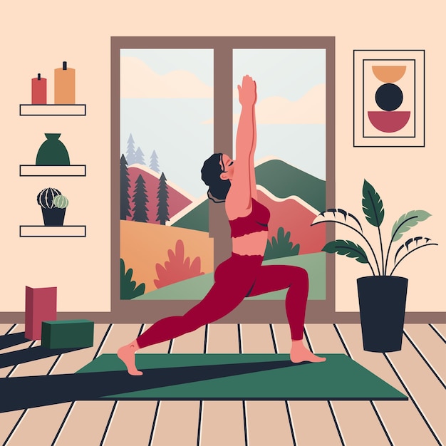 Vector hermosa mujer de yoga en casa joven chica de yoga se estira en el interior el personaje femenino hace práctica de respiración de meditación en la habitación diseño de interiores ilustración de dibujos animados planos vectoriales de estilo de vida saludable