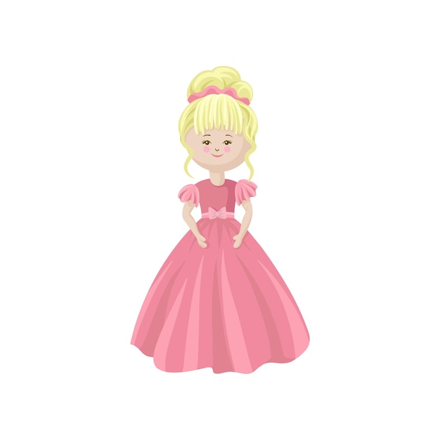 Hermosa muñeca princesa suave rubia en un vector de dibujos animados de juguete de costura de vestido rosa ilustración sobre un fondo blanco